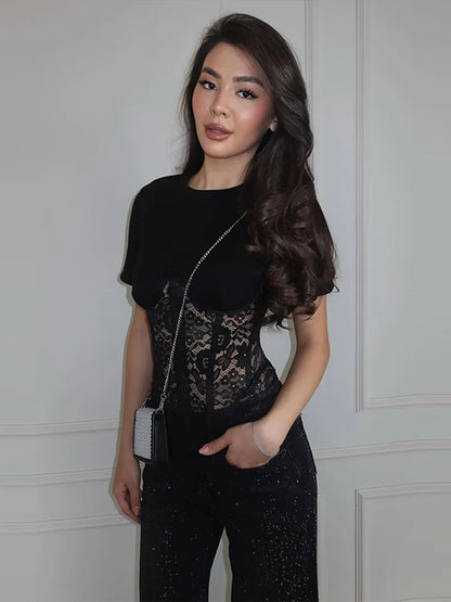 Fashion Floral Lace Fish-bone Patchwork Shirts For Women 2026 Spring New Chic Short Sleeve O-neck Blouse Lady Street Y2K Tops