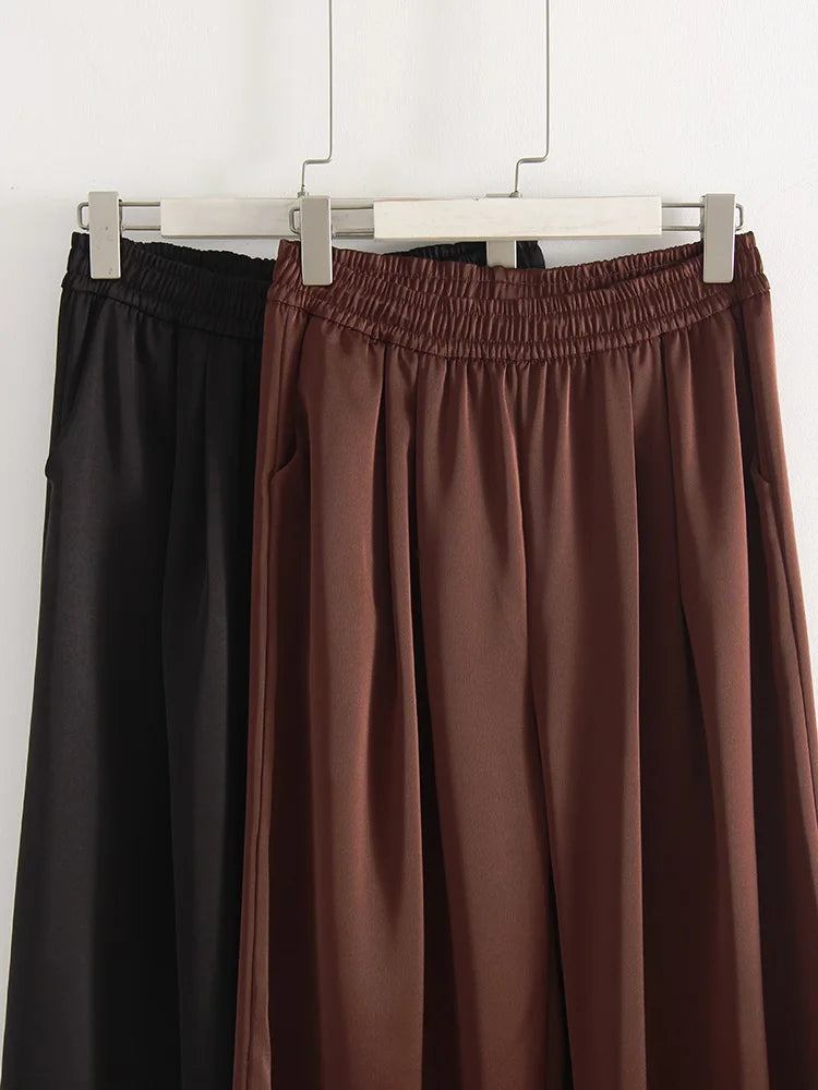 Luxury Wide Leg Baggy Satin High Waist Pants For Women Trousers With Pockets