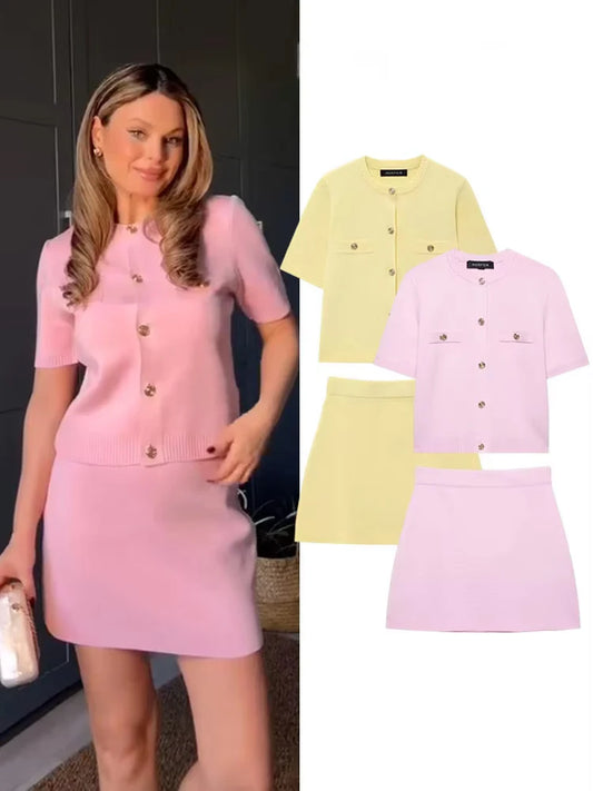 Knitted Skirt Suit Crew Neck Single-Breasted Short Sleeve Top+Fashion Elegant Elastic Waist Mini Skirt