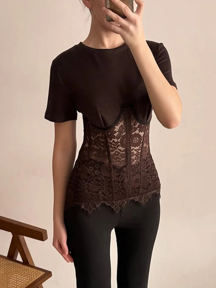 Fashion Floral Lace Fish-bone Patchwork Shirts For Women 2026 Spring New Chic Short Sleeve O-neck Blouse Lady Street Y2K Tops