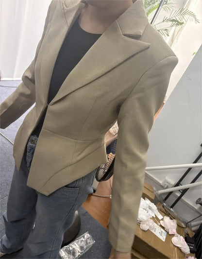 Women Pants Set Curved Hem Coat 2-Piece Sets Beige Stand Collar Jacket Hook Closure Top Wide Leg Trousers Casual Spring Outfit