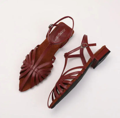 Sandals Summer Low Heel Ankle Strap Buckle Sandals Pointed Toe Hollowed Out T-strap Sandal