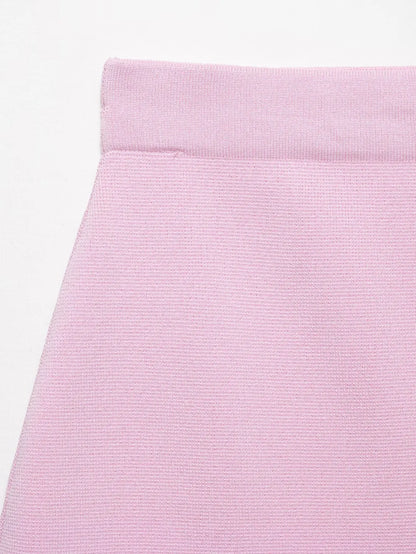 Knitted Skirt Suit Crew Neck Single-Breasted Short Sleeve Top+Fashion Elegant Elastic Waist Mini Skirt