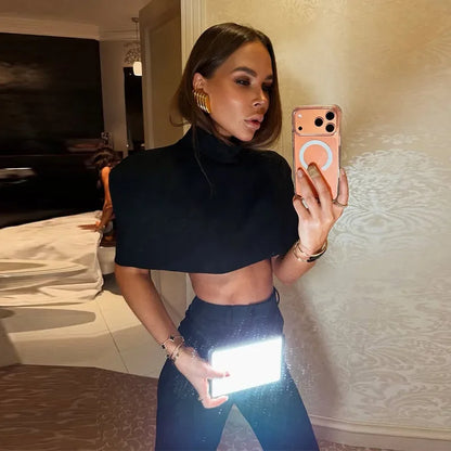 Shawl Crop Tops  Solid Shoulder Pads Stand Collar
