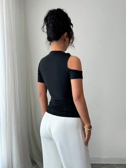 Asymmetrical Cold-Shoulder Fitted Top