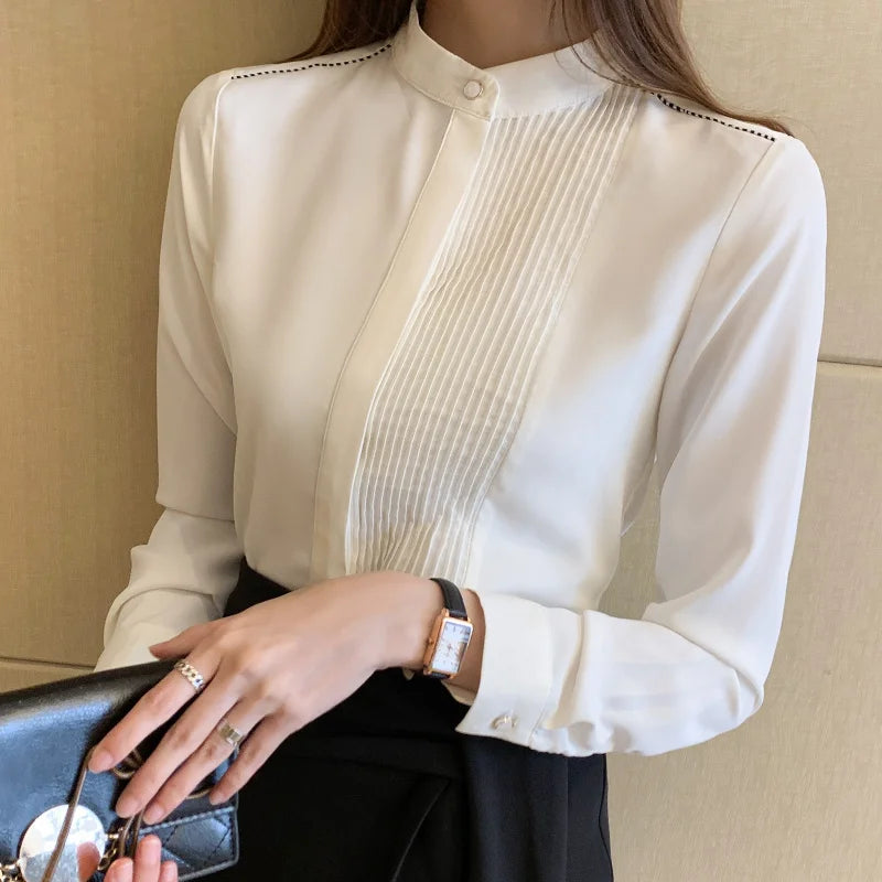 Long Sleeve Chiffon Blouse Shirt Women V-Neck-  Office Lady Blouse