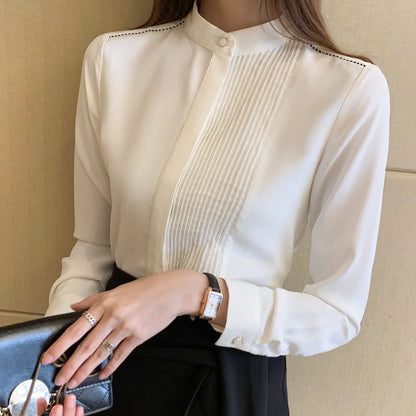 Long Sleeve Chiffon Blouse Shirt Women V-Neck-  Office Lady Blouse