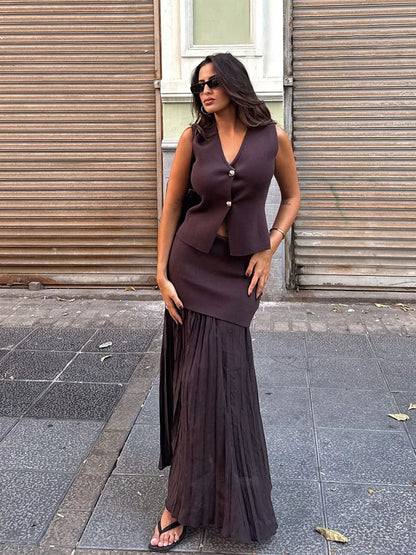 2 Piece Set Chic V-Neck Sleeveless Button Knitted Vest Top + Splicing High Waist Ankle-Length Skirt