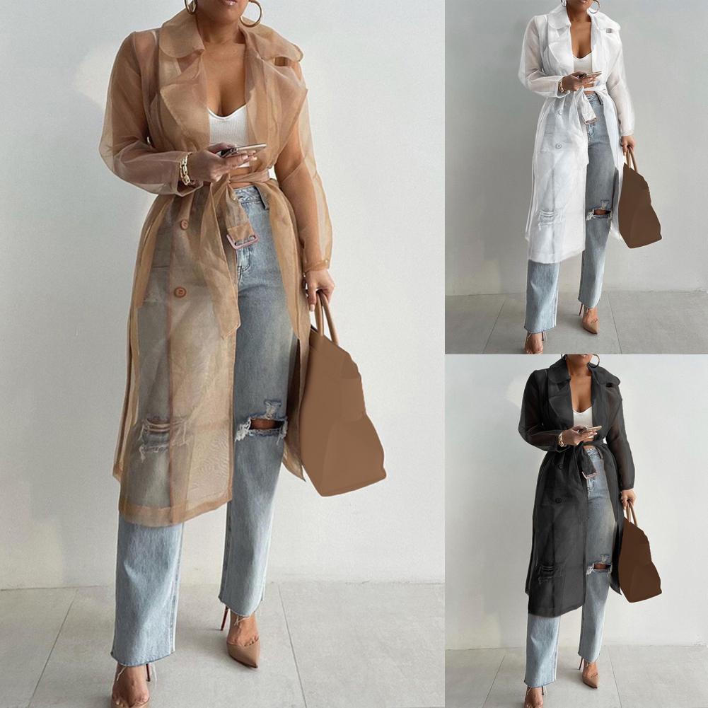 2023 Women Mesh Trench Coat Fashion See Through Jacket Summer Lace-up Sunscreen Shirt Net Yarn Long Shirt Thin Coat With Belt