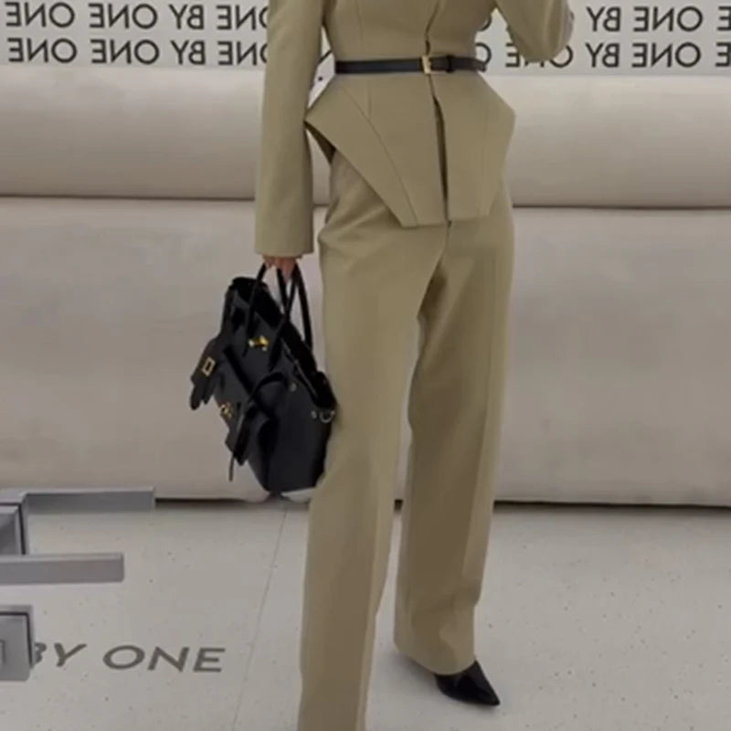Women Pants Set Curved Hem Coat 2-Piece Sets Beige Stand Collar Jacket Hook Closure Top Wide Leg Trousers Casual Spring Outfit