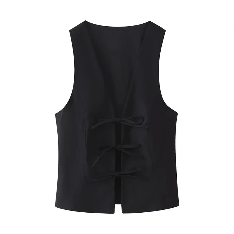 Women Fashion Lace Up Vest V Neck Sleeveless Top Y2k Vintage Solid 2025 Female Summer Sexy Party Tank Tops