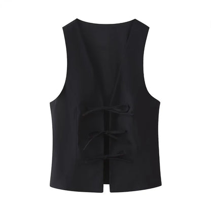 Women Fashion Lace Up Vest V Neck Sleeveless Top Y2k Vintage Solid 2025 Female Summer Sexy Party Tank Tops