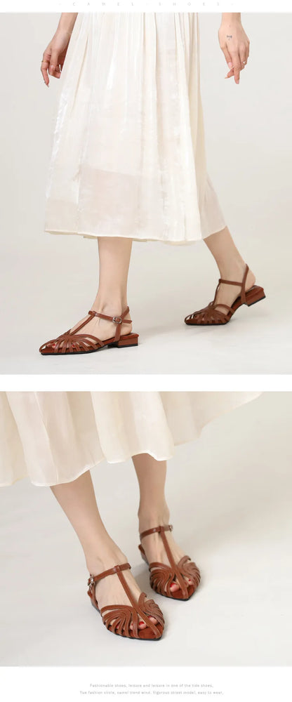 Sandals Summer Low Heel Ankle Strap Buckle Sandals Pointed Toe Hollowed Out T-strap Sandal
