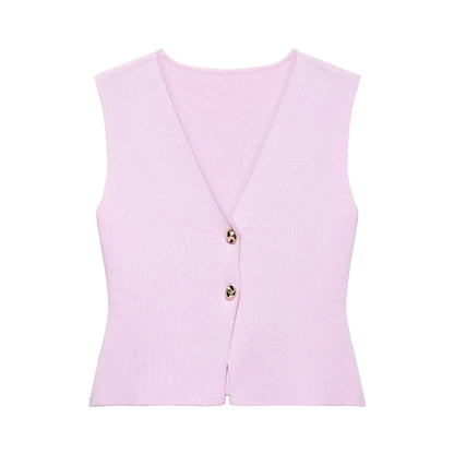 2 Piece Set Chic V-Neck Sleeveless Button Knitted Vest Top + Splicing High Waist Ankle-Length Skirt