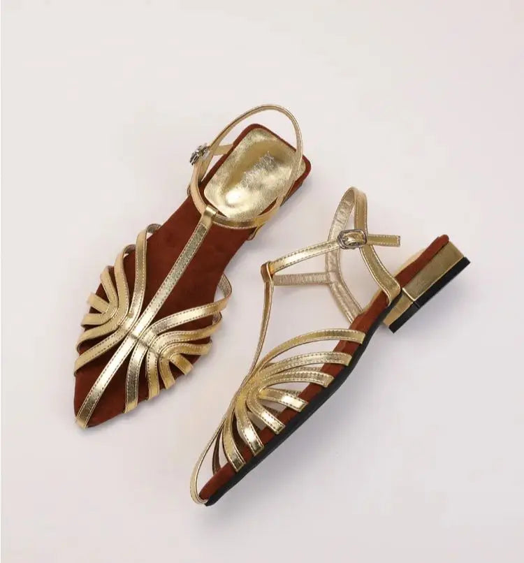 Sandals Summer Low Heel Ankle Strap Buckle Sandals Pointed Toe Hollowed Out T-strap Sandal