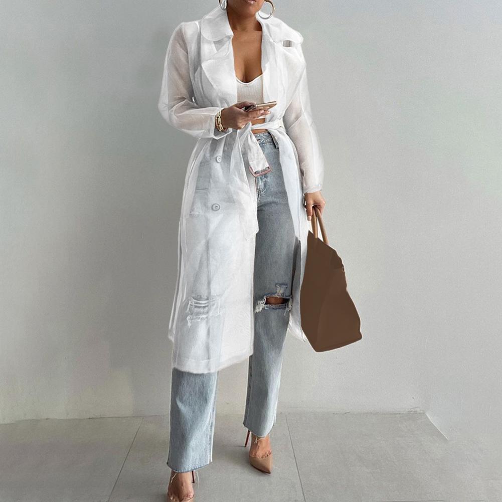 2023 Women Mesh Trench Coat Fashion See Through Jacket Summer Lace-up Sunscreen Shirt Net Yarn Long Shirt Thin Coat With Belt