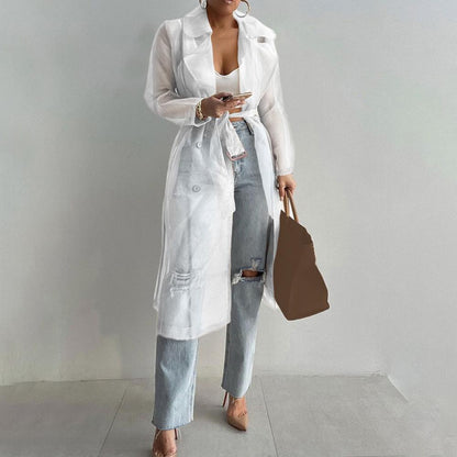 2023 Women Mesh Trench Coat Fashion See Through Jacket Summer Lace-up Sunscreen Shirt Net Yarn Long Shirt Thin Coat With Belt