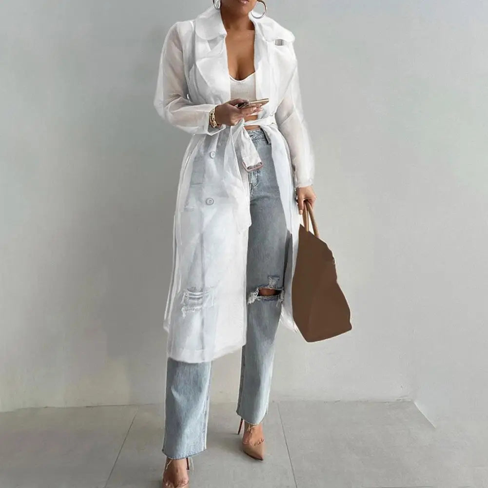 2023 Women Mesh Trench Coat Fashion See Through Jacket Summer Lace-up Sunscreen Shirt Net Yarn Long Shirt Thin Coat With Belt