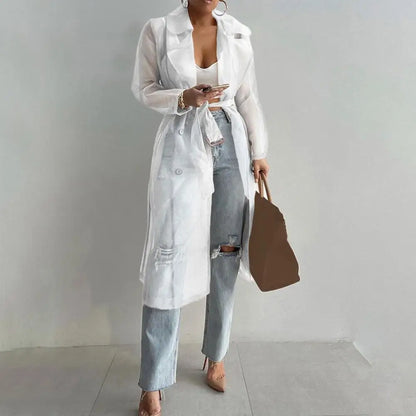 2023 Women Mesh Trench Coat Fashion See Through Jacket Summer Lace-up Sunscreen Shirt Net Yarn Long Shirt Thin Coat With Belt