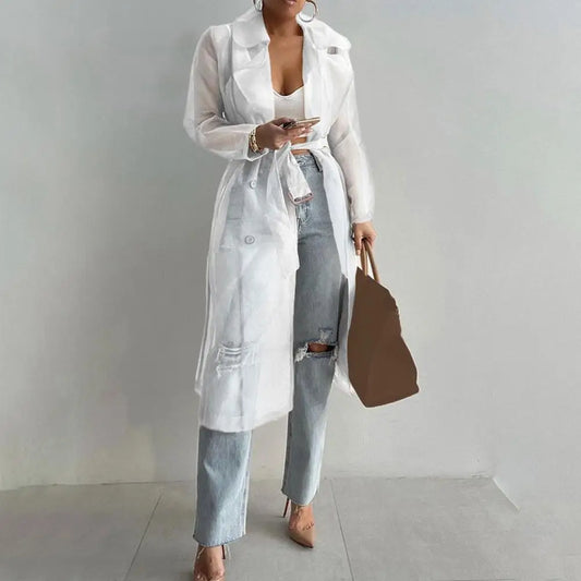 Mesh Trench Coat Fashion See Through With Belt