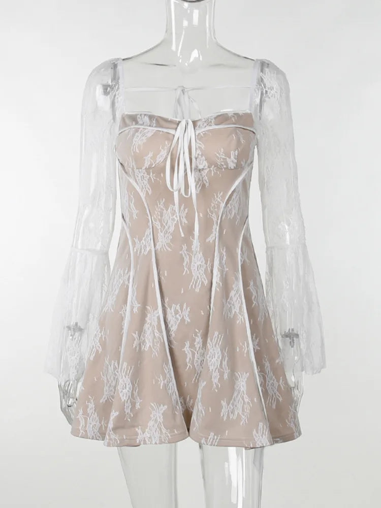Elegant lace Mini Dress For Women Square Collar Long Sleeve Backless