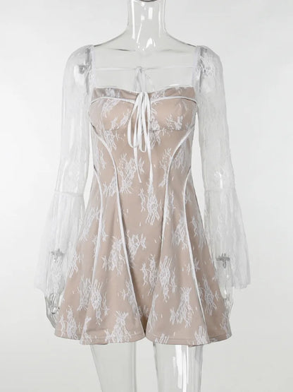 Elegant lace Mini Dress For Women Square Collar Long Sleeve Backless