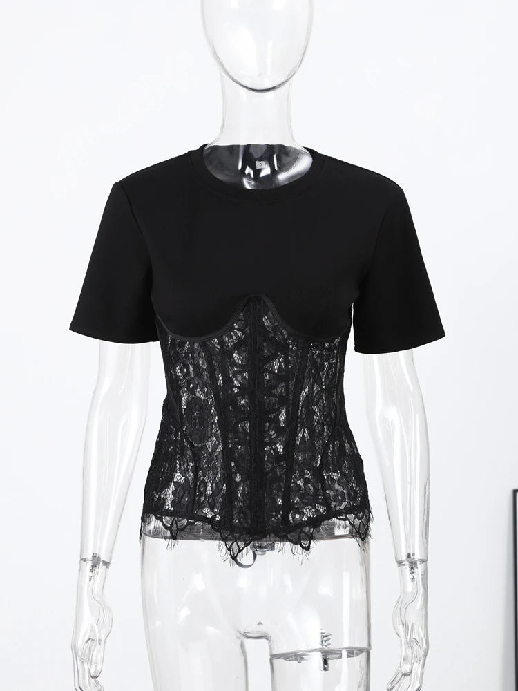 Fashion Floral Lace Fish-bone Patchwork Shirts For Women 2026 Spring New Chic Short Sleeve O-neck Blouse Lady Street Y2K Tops