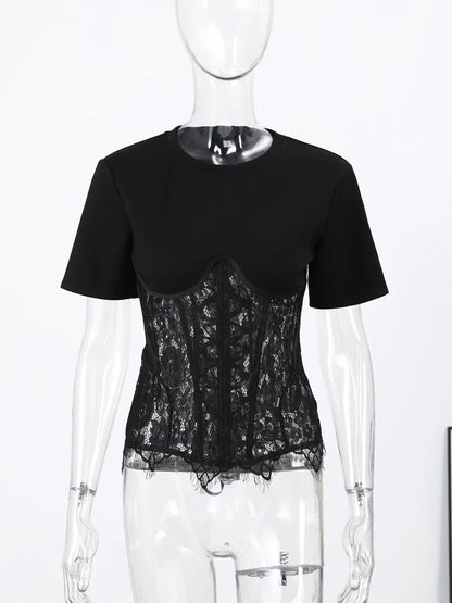 Fashion Floral Lace Fish-bone Patchwork Shirts For Women 2026 Spring New Chic Short Sleeve O-neck Blouse Lady Street Y2K Tops