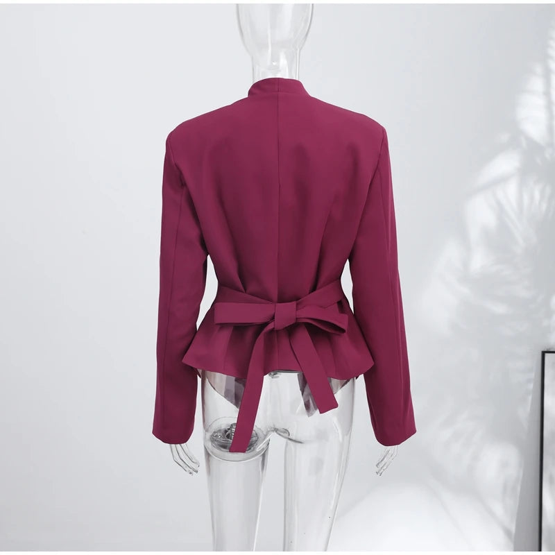 Casual Office Women's Blazer Jacket Pleated Waist Cinched Tie Up Long Sleeve Tops Elegant 2026 Spring Female Outerwear Outfit