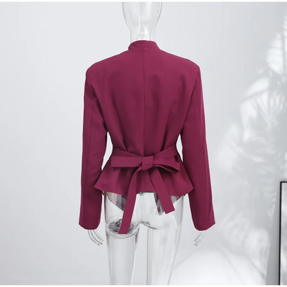 Casual Office Women's Blazer Jacket Pleated Waist Cinched Tie Up Long Sleeve Tops Elegant 2026 Spring Female Outerwear Outfit