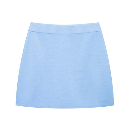 Knitted Skirt Suit Crew Neck Single-Breasted Short Sleeve Top+Fashion Elegant Elastic Waist Mini Skirt