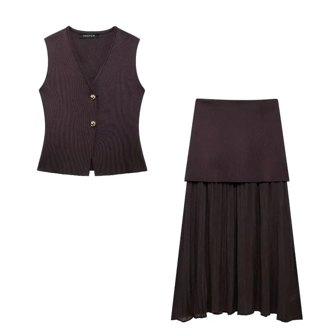 2 Piece Set Chic V-Neck Sleeveless Button Knitted Vest Top + Splicing High Waist Ankle-Length Skirt