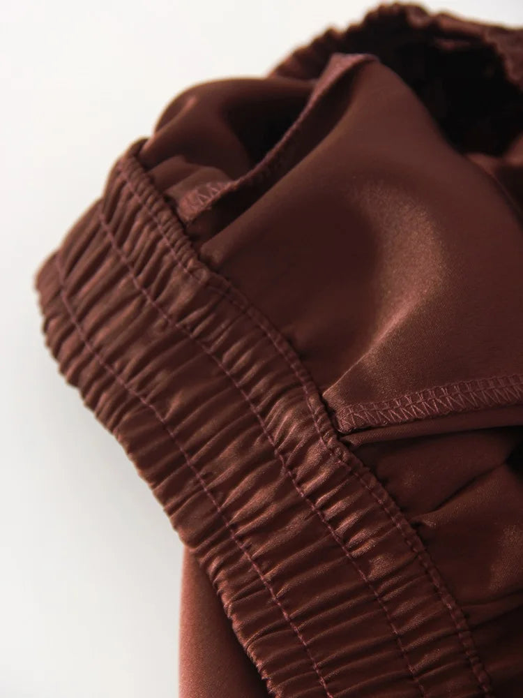 Luxury Wide Leg Baggy Satin High Waist Pants For Women Trousers With Pockets