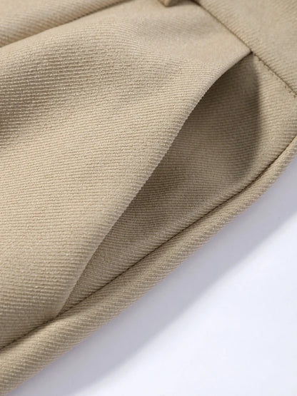 Women Pants Set Curved Hem Coat 2-Piece Sets Beige Stand Collar Jacket Hook Closure Top Wide Leg Trousers Casual Spring Outfit