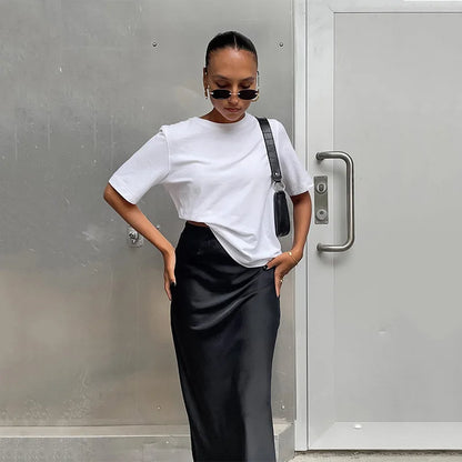 Elegant Long  Slim High Waist Satin Black Trumpet Skirts