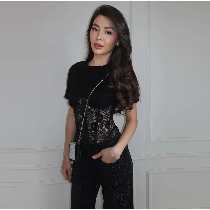 Fashion Floral Lace Fish-bone Patchwork Shirts For Women 2026 Spring New Chic Short Sleeve O-neck Blouse Lady Street Y2K Tops