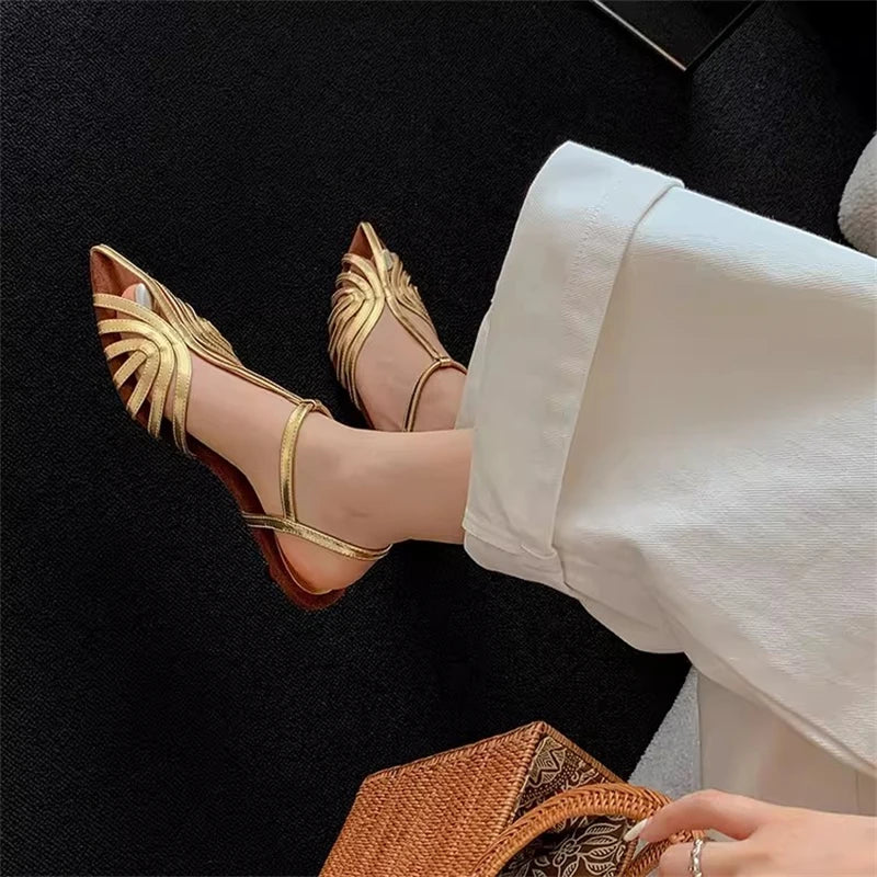 Sandals Summer Low Heel Ankle Strap Buckle Sandals Pointed Toe Hollowed Out T-strap Sandal