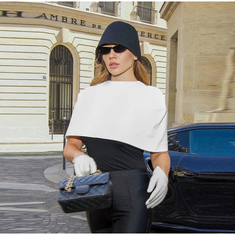 Shawl Crop Tops  Solid Shoulder Pads Stand Collar