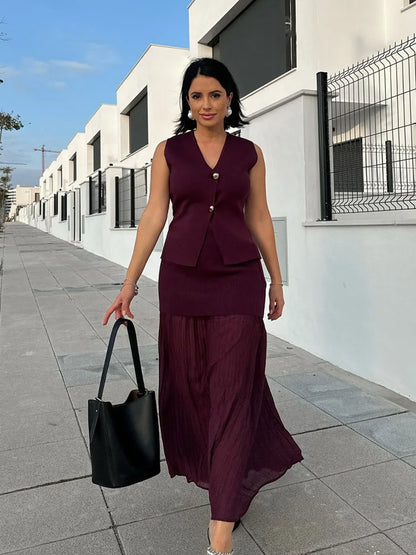 2 Piece Set Chic V-Neck Sleeveless Button Knitted Vest Top + Splicing High Waist Ankle-Length Skirt