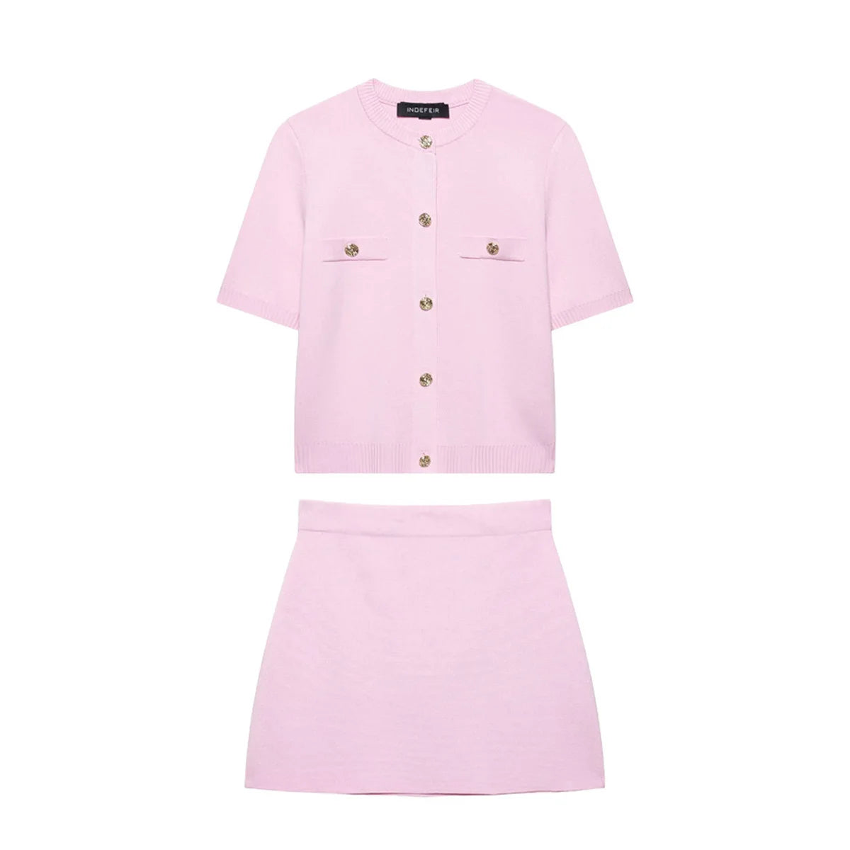 Knitted Skirt Suit Crew Neck Single-Breasted Short Sleeve Top+Fashion Elegant Elastic Waist Mini Skirt