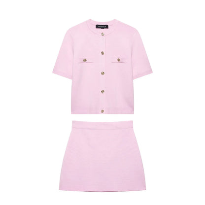 Knitted Skirt Suit Crew Neck Single-Breasted Short Sleeve Top+Fashion Elegant Elastic Waist Mini Skirt