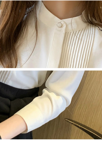 Long Sleeve Chiffon Blouse Shirt Women V-Neck-  Office Lady Blouse