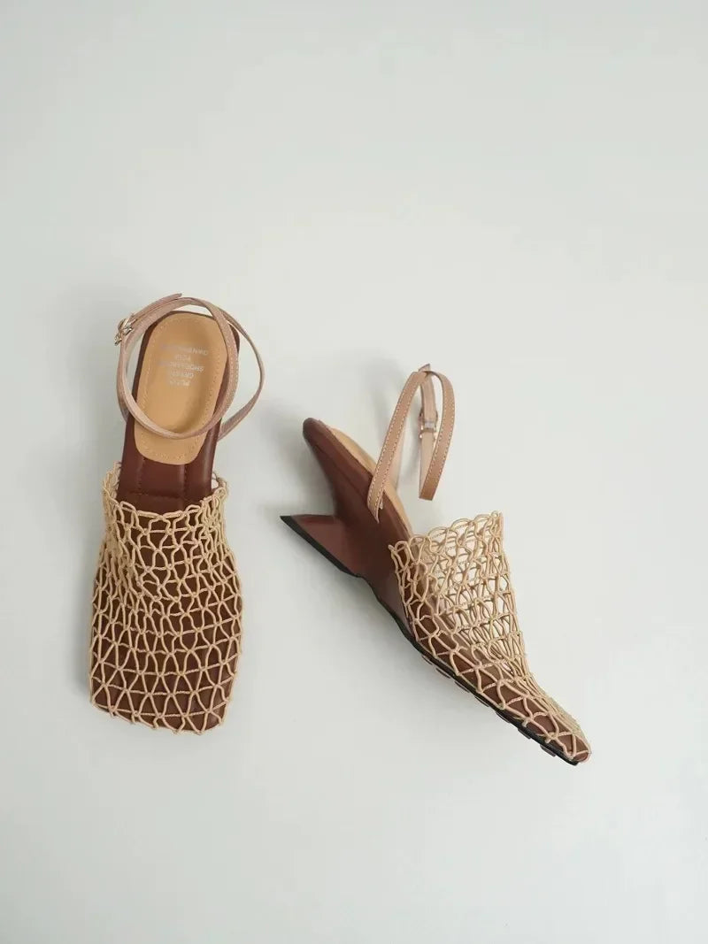 Luxury women's lace Mesh Fashion Sandals- Square Toe Shallow Narrow Strap Braided Slip-on High Heels Sandals