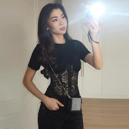 Fashion Floral Lace Fish-bone Patchwork Shirts For Women 2026 Spring New Chic Short Sleeve O-neck Blouse Lady Street Y2K Tops