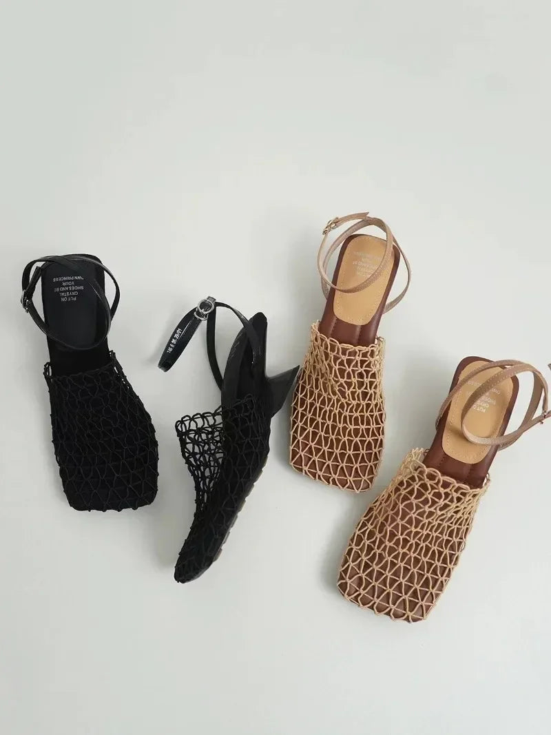 Luxury women's lace Mesh Fashion Sandals- Square Toe Shallow Narrow Strap Braided Slip-on High Heels Sandals