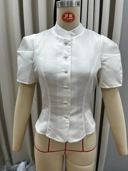 Solid Satin Round Neck Waist Cincher Shirt Slim Short Puffer Sleeved Single Breasted Tops 2026 Spring Women Elegant Blouses
