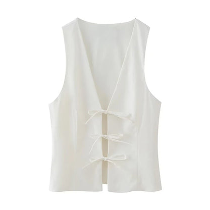 Women Fashion Lace Up Vest V Neck Sleeveless Top Y2k Vintage Solid 2025 Female Summer Sexy Party Tank Tops