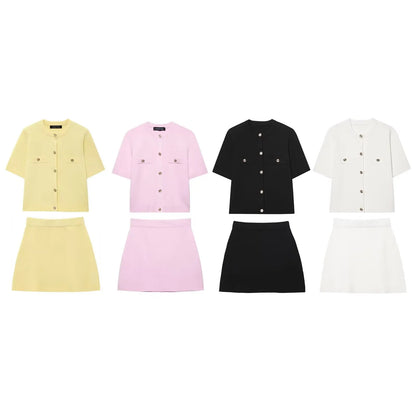 Knitted Skirt Suit Crew Neck Single-Breasted Short Sleeve Top+Fashion Elegant Elastic Waist Mini Skirt
