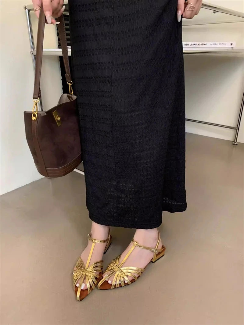 Sandals Summer Low Heel Ankle Strap Buckle Sandals Pointed Toe Hollowed Out T-strap Sandal