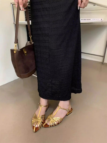 Sandals Summer Low Heel Ankle Strap Buckle Sandals Pointed Toe Hollowed Out T-strap Sandal